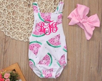 monogrammed watermelon baby girl romper - watermelon summer romper - personalized bodysuit- Fourth of July outfit - 4th of july