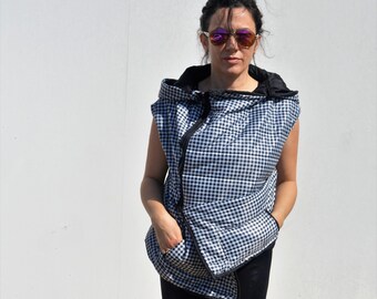 Hooded Asymmetric Vest/ Groped Spring Vest/ Sports vest/Plaid black and white Outerwear ZM200a