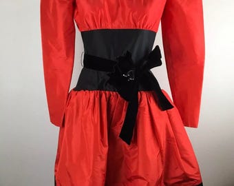 Lawrence 80s Prom Dress Neiman Marcus 100% Silk Red Black Crinoline Puffy Sleeve