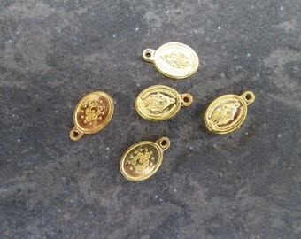 Gold Miraculous Medal Charms package of 5 tiny 5/8 inch charms double sided Mother Mary Virgin Mary charms Religious charms