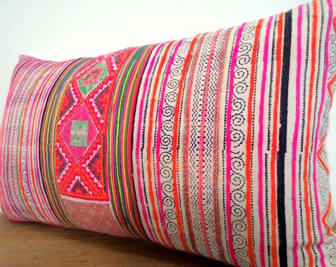 12"x21" Bohemian Rare Vintage Hmong Fabric Pillow Cover, Vibrant Colors Ethnic Boho Pillow, Old Tribal Costume Textile Decorative Pillow