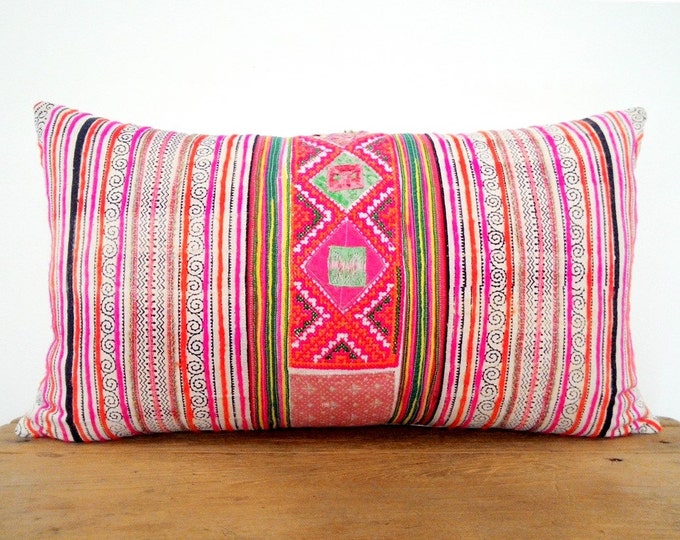 12"x21" Bohemian Rare Vintage Hmong Fabric Pillow Cover, Vibrant Colors Ethnic Boho Pillow, Old Tribal Costume Textile Decorative Pillow