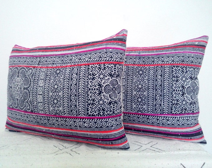 12"x16" Beautiful Hmong Batik Pillow Cover, Indigo Boho Boudoir Cushion, Tribal Decorative Pillow Case, Hill Tribe Ethnic Pillow