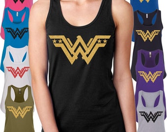 Wonder Woman Custom Glitter Tank Top, Super hero tshirt, Wonderwoman Inspired, wonderwoman Apparel Shirt, Stylish Gold Glitter Tee Shirt,