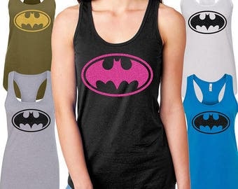 BatGirl Glitter Tank Top, Batman Tank Top, Womens Workout Tank Top, Super Hero Tee Shirt, Sparkle Glitter T-Shirt, Girls Superhero Shirt,