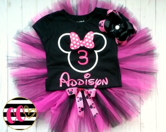 girls minnie mouse birthday outfit. first birthday outfit. third birthday set. cake smash outfit. birthday set, pink and black