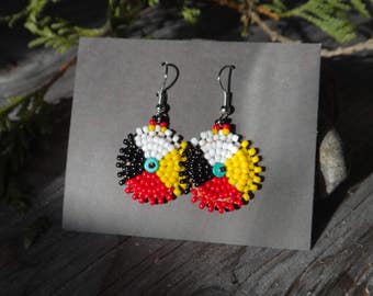 Medicine wheel. Native american earrings. Four directions. Beaded rosette on deertan leather. Native american jewelry. Pow wow earrings