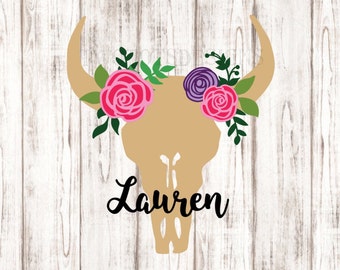 Glitter floral Cow Skull Decal, Glitter Cow Skull Decal, Southern Decal, Personalized decal, RTIC, YETI