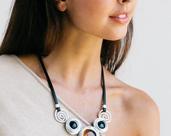 Black leather statement necklace, silver necklace, wrapped stone stylish necklace, wedding necklace, bridesmaid necklace, mother's gift.