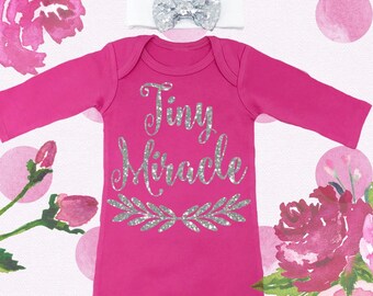 Tiny Miracle Baby Gown. Bringing Baby Home From Hospital Outfit. Babys First Outfit. Baby Girl Newborn Outfit. Baby Hospital Gown