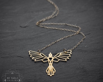 Bird necklace, phoenix necklace, geometric phoenix bird pendant, bird jewelry, origami phoenix pendant.