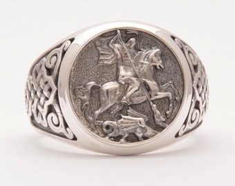 Silver 925 Signet Ring, Mens Signet Ring, Saint George Ring, Sovereign Ring, Bravery Military Knight, Silver Dragon Ring, Mens Ring