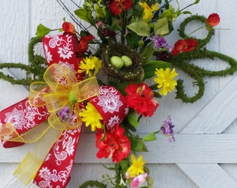 Moss covered cross door hanger, Moss medallion door hanger, Spring wreath, Summer wreath, Spring door hanger, Summer door hanger, Red/Yellow