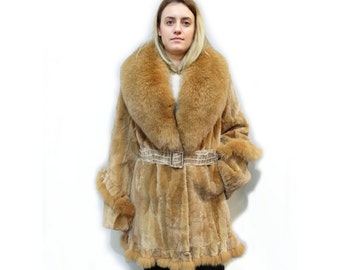 Real beaver fur,fur coat,beaver fur,fox collar fur,shearling coat,big fox collar,fur jacket,sheared coat,gold beige coat,winter coat F490