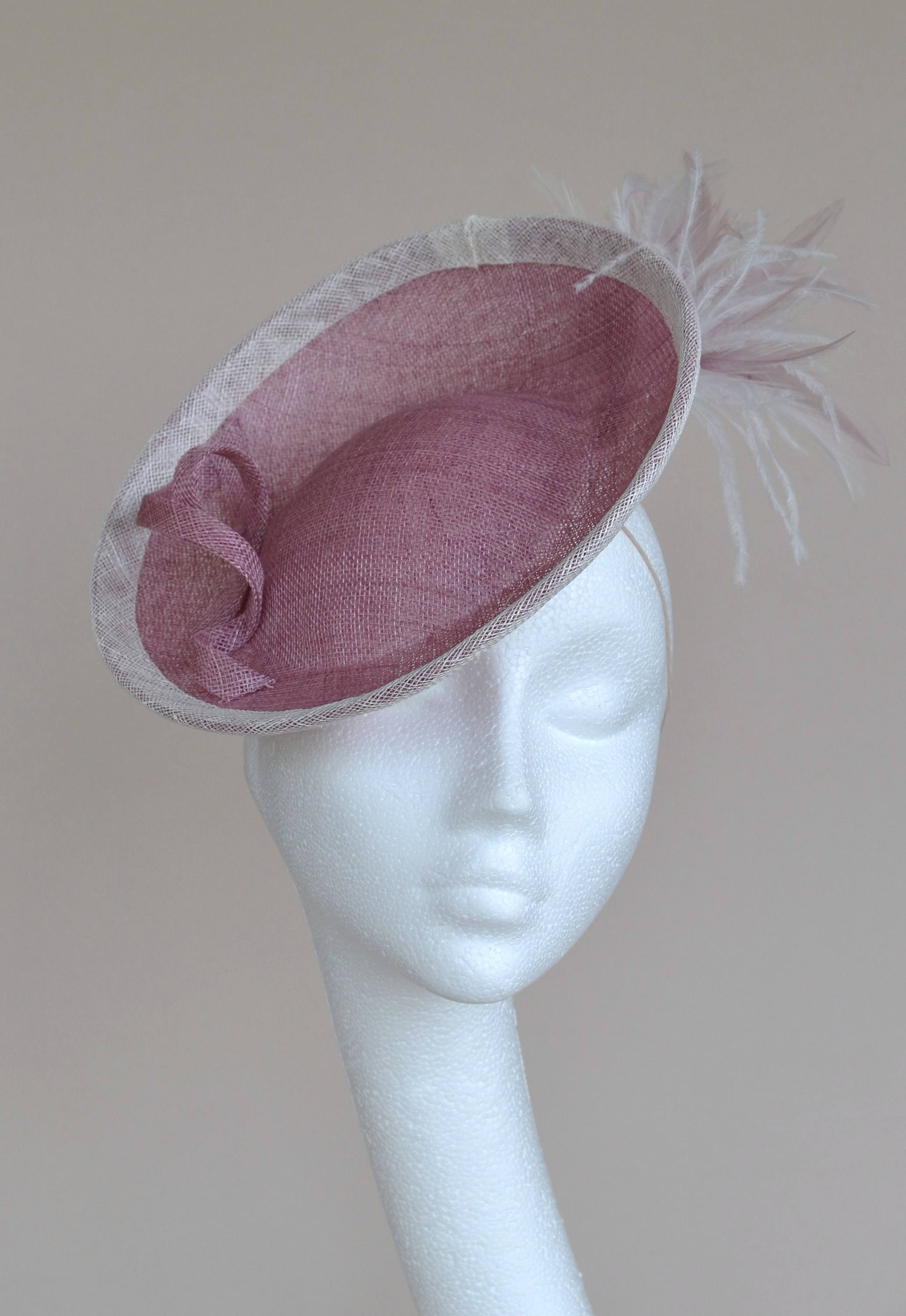 Dusky pink disc hat. Dusky pink saucer hat. Pink wedding hat.
