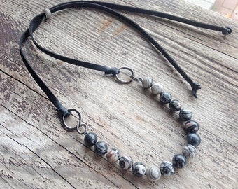 Knotted necklace black gray necklace adjustable beaded choker leather gun metal gemstone choker necklace for women gift for her inspiration