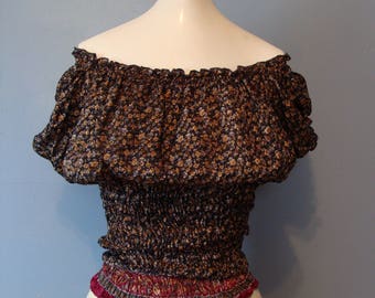 Vintage Off The Shoulder Top Calico Ditsy Floral 90's Does 70's Boho Bohemian Hippie Gypsy Peasant Top Silky Cropped Festival Fashion