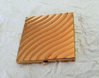 Vintage Powder Compact, Square Gold-Tone Metal, Art Nouveau Waves, Wadsworth USA
