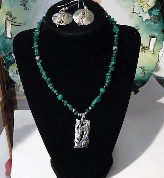 80s Modernist Brutalist Necklace Earrings Fashion Designer Artist Signed Malachite Sterling Silver Vintage Retro Studio Tribal Boho Jewelry