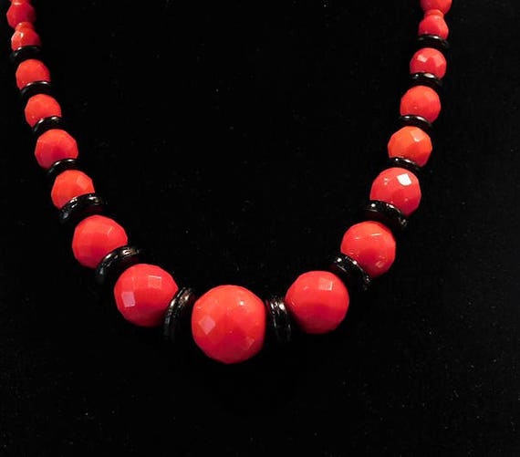 Vintage Signed Czech Art Deco 1930s Necklace Cherry Red Jet Black Glass Bead Beaded CZECHOSLOVAKIA Bohemian Flapper Era Fashion Jewelry