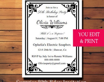 50th Birthday Invitation, Surprise Birthday Invitation, Surprise 50th Birthday Invitation, Black and White Retro Invitation, Edit Yourself