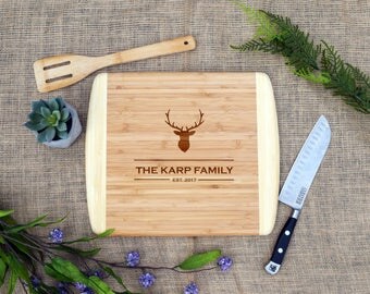 Last Name Cutting Board w/ Deer Head, Rustic, Antlers, Custom, Personalized, Cheese Board, Laser Engraved, Christmas, Holiday, Gift, Present