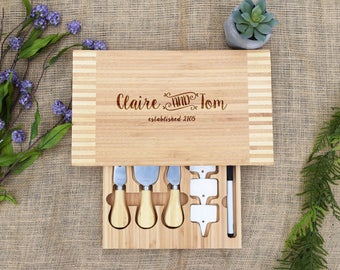 Personalized Cutting Board, Custom Cheese Board w/ Drawer of Tools, Wedding Gift, Bridal Shower, Engagement, Anniversary, Present, Closing