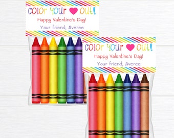 Crayon VALENTINE Bag Topper, Printable Valentine Treat Bag Topper, Crayon Party Favors, Kids Classroom Download Tags, Preschool Valentines