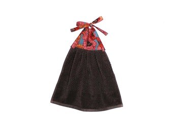 Poppy Decor, Colorful Poppies, Dark Brown Towel, Brown Hand Towel, Fabric Tie Towel, Flower Decor, Red Orange Poppies, Hanging Hand Towel