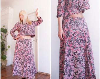 90s Twin Piece Set Matching Two Piece Set Black Pink Floral Top Maxi Skirt Summer Twin Set Medium Large Cropped Blouse Floaty Maxi Skirt M L