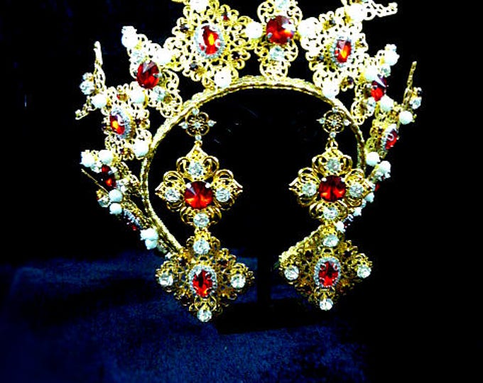 Gold Red crystals White Crown couture Earrings trifari Tiara Diadem Royal Wedding Jewelry Set Bridal pageant Birthday gold and red party