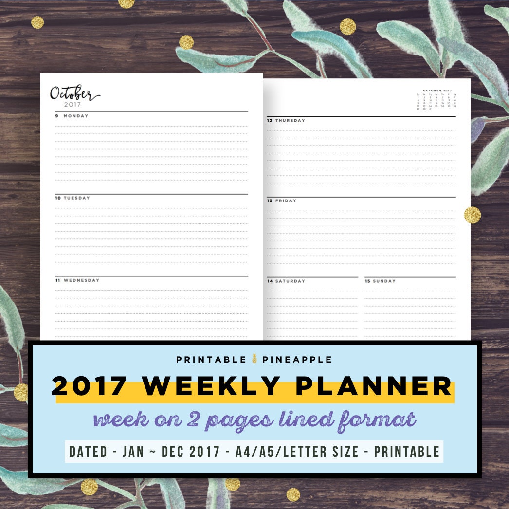 printable 2017 weekly planner dated week on 2 pages filofax