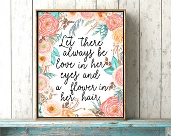 Boho Baby Girl Print - Love In Her Eyes - Baby Girl Nursery Print - Coral Baby Room Art - Floral Boho Nursery Decor - Little Girls Quote