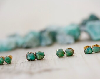 Minimalist Stud Earrings: for girlfriend, minimal earrings, crystal studs for girlfriend, raw studs, emerald rough natural unpolished stones