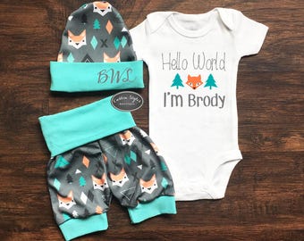 SALE ENDS 7/30 11PM Baby Boy Coming Home Outfit, Hello World, Custom Name, Teal And Gray Fox Print Shorts And Hat, Baby Boy Shorts, Hospital