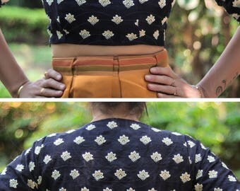 Navy Blue Block Print Style White Floral Embroidery Raw Silk Blouse