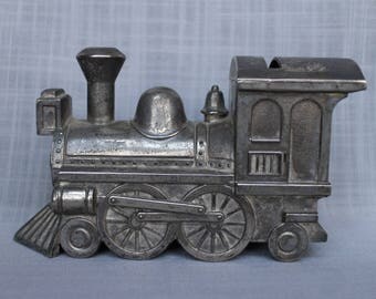 Vintage Large Train Locomotive Coin Bank, Silver Metal Train Piggy Bank, Locomotive Train Engine Money Bank, made in Hong Kong