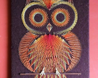 Vintage Retro Owl String Art Wall Hanging - Orange and Yellow on Brown Felt - 1970's String and Nail Art