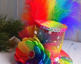 Mini Top Hat Headband Rainbow Mini Top Hat Mad Hatter Hat Tea Party Hat Alice in Wonderland Top Hat Fascinator Rainbow Mini Hat Baby Shower