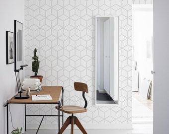 Grey geometric cubes wallpaper, dots, subtle and elegant wall mural, self adhesive, reusable, removable, peel and stick #85