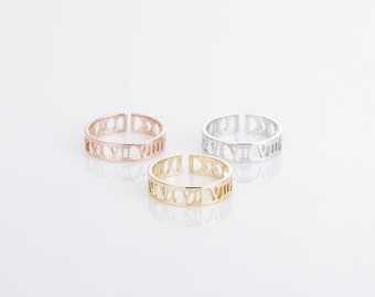 Customized Roman Numeral Ring, Personalized Date Ring, Cut Out Ring Custom Anniversary Ring, Adjustable Ring, Rose Gold, Gold, Silver