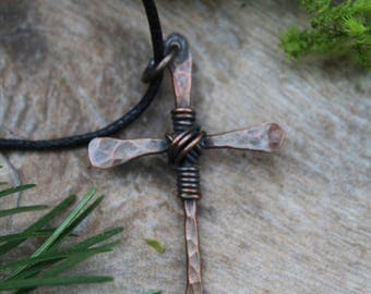 Hammered Copper Cross Necklace, Mens Cross Necklace, Rustic Cross, Christian Necklace, Religious Jewelry, Cross Necklace Men, Copper Cross