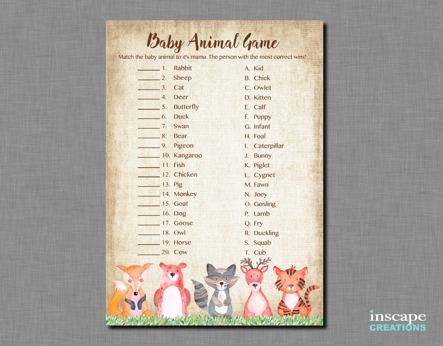 Woodland Baby Animal Name Game Printable Rustic Country Forest