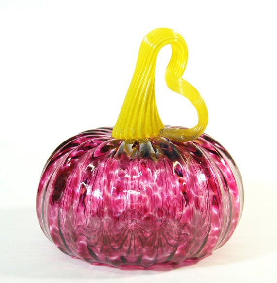 Large Wine Red Hand Blown Glass Pumpkin with Bright Green Stem