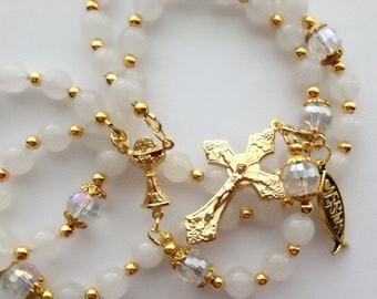 White Quartzite Rosary, Gold Chalice Rosary, Gold Cross Rosary, Holy Spirit Rosary, Communion Rosary, Confirmation Rosary, Catholic Rosary