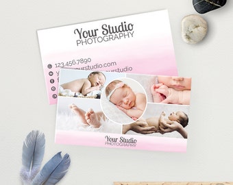 Photography Business Card Template, Photography Marketing, Pink Watercolor Ombre, Photoshop Template, Instant Download