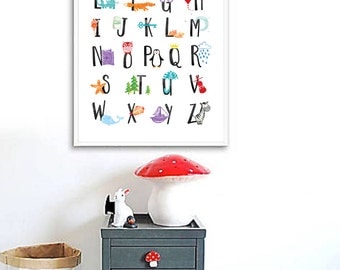 Alphabet Print, Alphabet Nursery Wall Art, Alphabet Poster ABC Wall Art Kids Room Decor Animal Nursery Decor Kids Wall Art Printable ABC Art