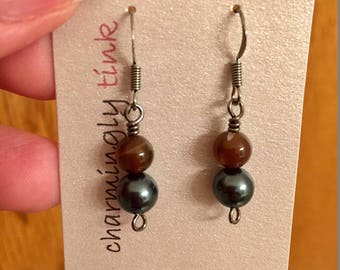 Brown Sardonyx and Night Blue Swarovski crystal pearl dangle earrings (E17-020)