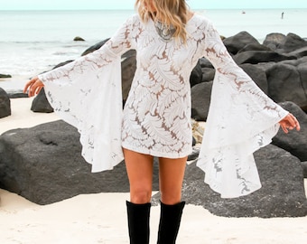 White Lace Boho Dress with Bell Sleeves | Bohemian Style Dress | White Boho Dress