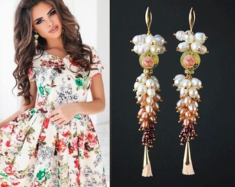 Pink and White Freshwater Pearl Earrings with Gorgeous Japanese Tensha Beads. Cubic Zirconia Gold Plated Ear Hooks
